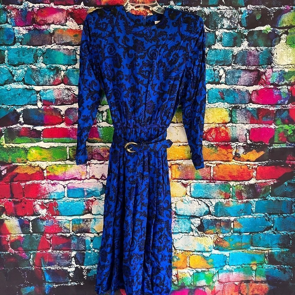 Vintage Leslie Fay Belted Midi Dress Royal Blue Black Size 4 Petite